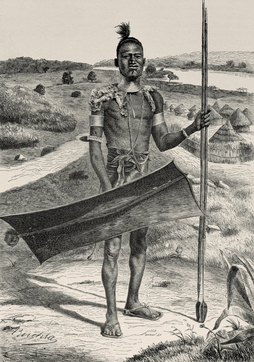 Shuli Savaşçısı Tam Donanımlı: Arka Plandaki Köy, İnsanlık Tarihinden Prof. Friedrich Ratzel, pub. 1904 yılında by Richard Buchta