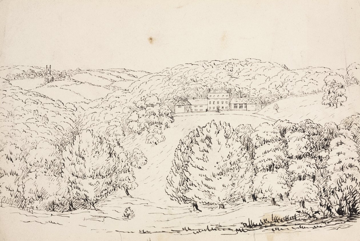 Güney Atlantik, ormanlık bir yamaçta bir binanın kalem çizimi by John Pardon