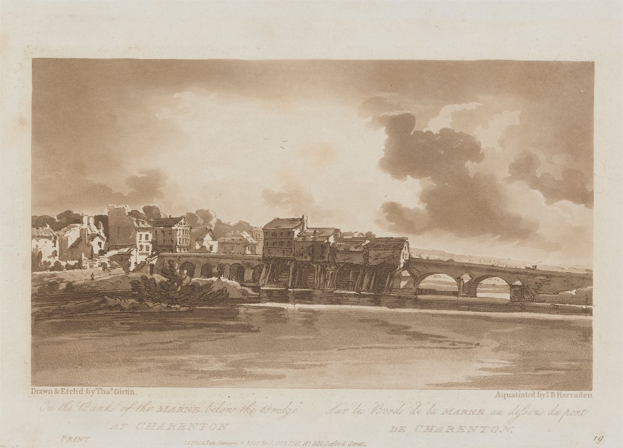 Charenton 1803'teki Köprünün altındaki Marne Kıyılarında; Views in Paris'ten Levha 19, B1981.25.2628 levhasının Emanuel Hacim takibi by Richard Banks Harraden