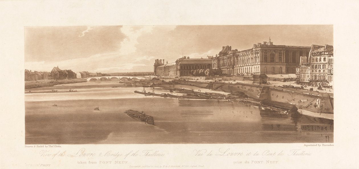Pont Neuf'tan alınan Louvre ve Thuilleries Köprüsü'nün görünümü. 1802; Paris'teki Görünümlerden Plaka 2, plakanın Emanuel Hacim Takibi, B1981.25.2613 by Richard Banks Harraden