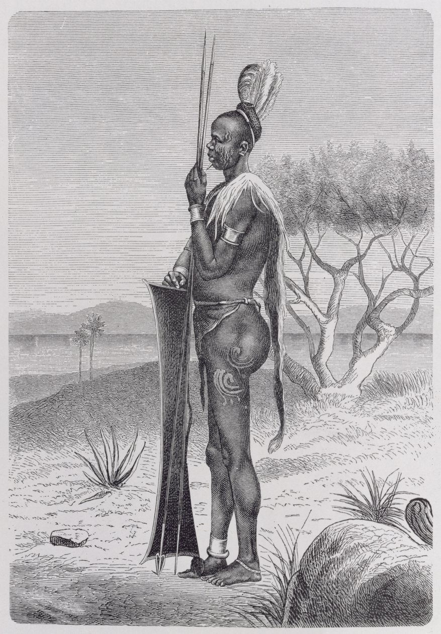 Prof. Friedrich Ratzel'in 'The History of Mankind', Cilt III, 1898'den silahlarıyla birlikte dövmeli bir Shuli zenci by Richard Buchta