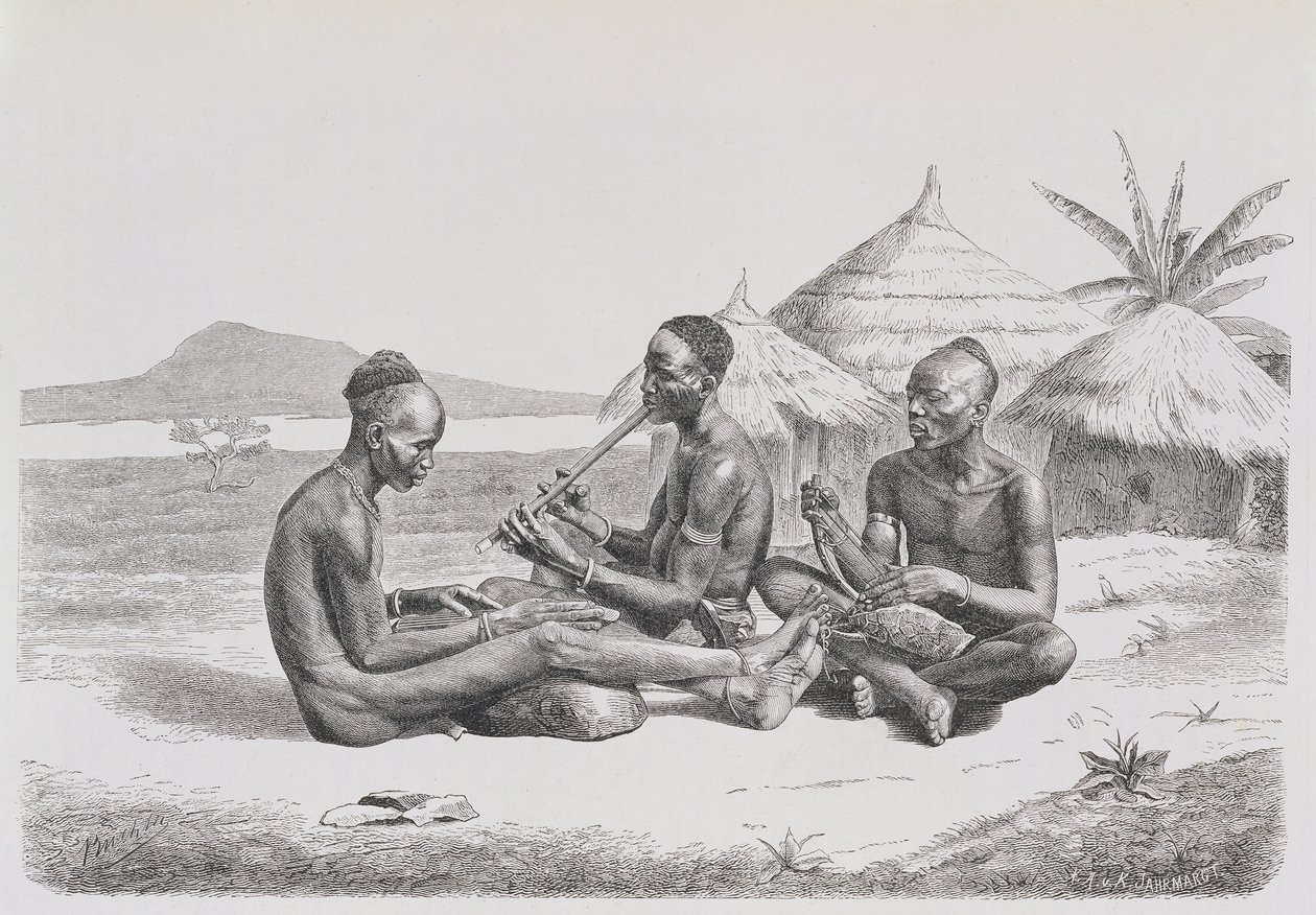 Shuli black müzik çalıyor, Prof. Friedrich Ratzel'in 'The History of Mankind', Cilt III, 1898'den by Richard Buchta