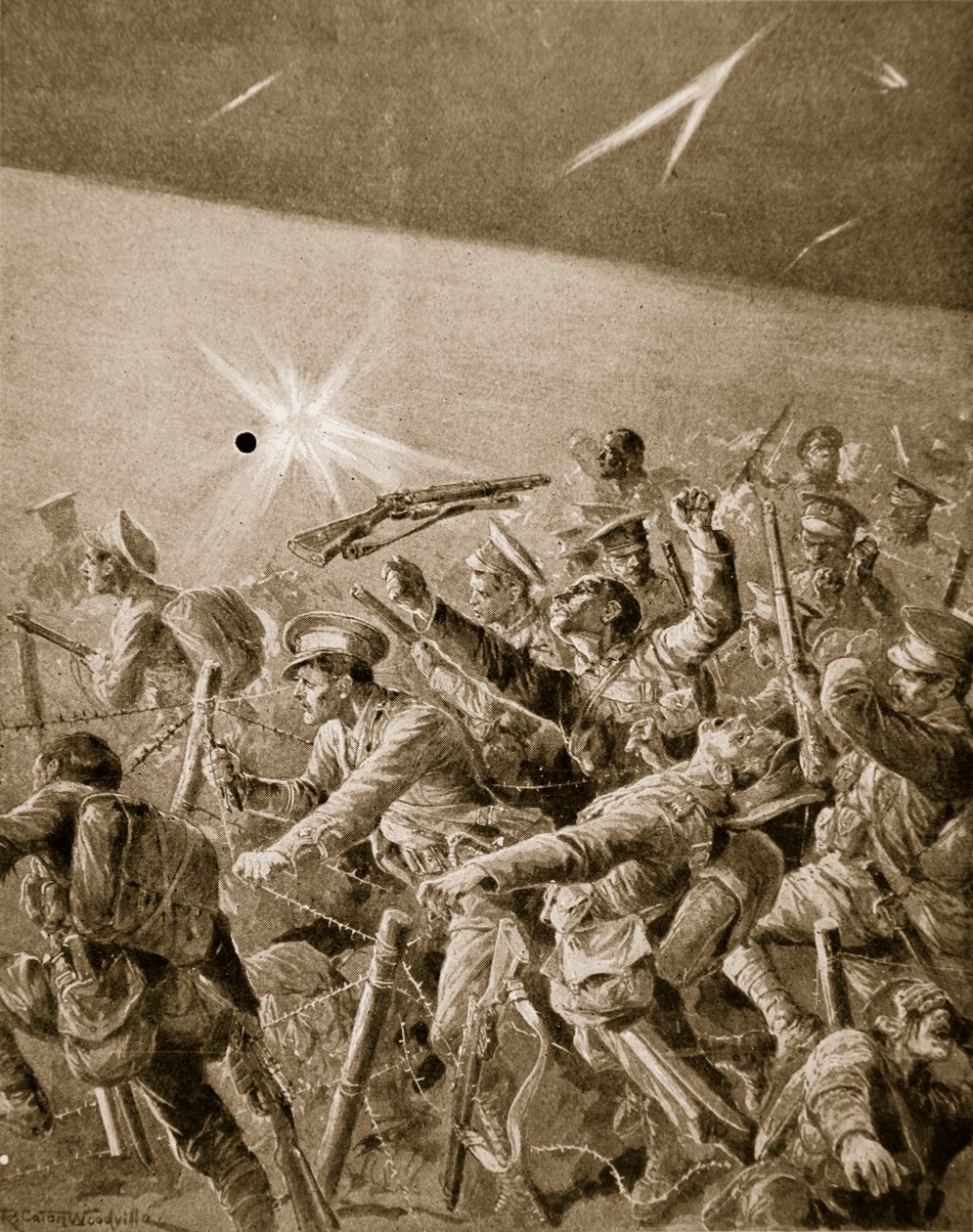 İngiliz piyadeleri Alman tellerinin içinden geçmeye çalışıyor, 1914-19 by Richard Caton Woodville