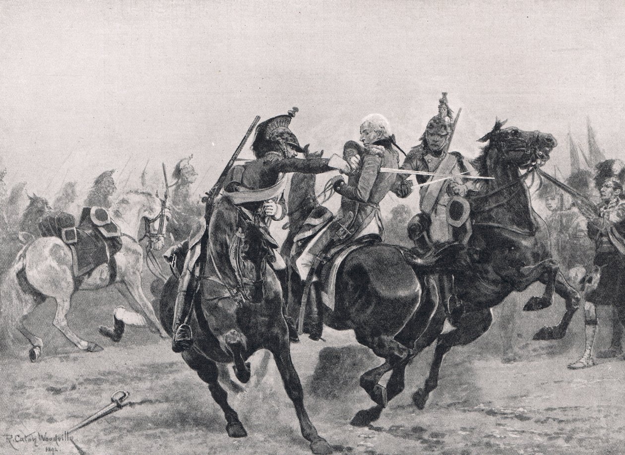Fransız Ejderhaları Tarafından Sir Ralph Abercrombie'ye Saldırı, 'Karada ve Denizde İngiliz Savaşları'ndan bir örnek, Cassell, Londra, c.1910 tarafından yayınlandı by Richard Caton Woodville