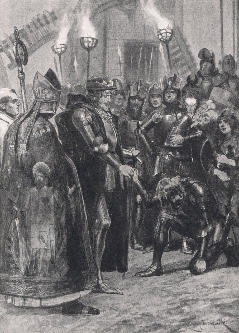 Edward III, Crecy Savaşı'ndan sonra Galler Prensi'ni selamlarken, Cassell tarafından yayınlanan 'British Battles on Land and Sea'den bir örnek, Londra, c.1910 by Richard Caton Woodville junior