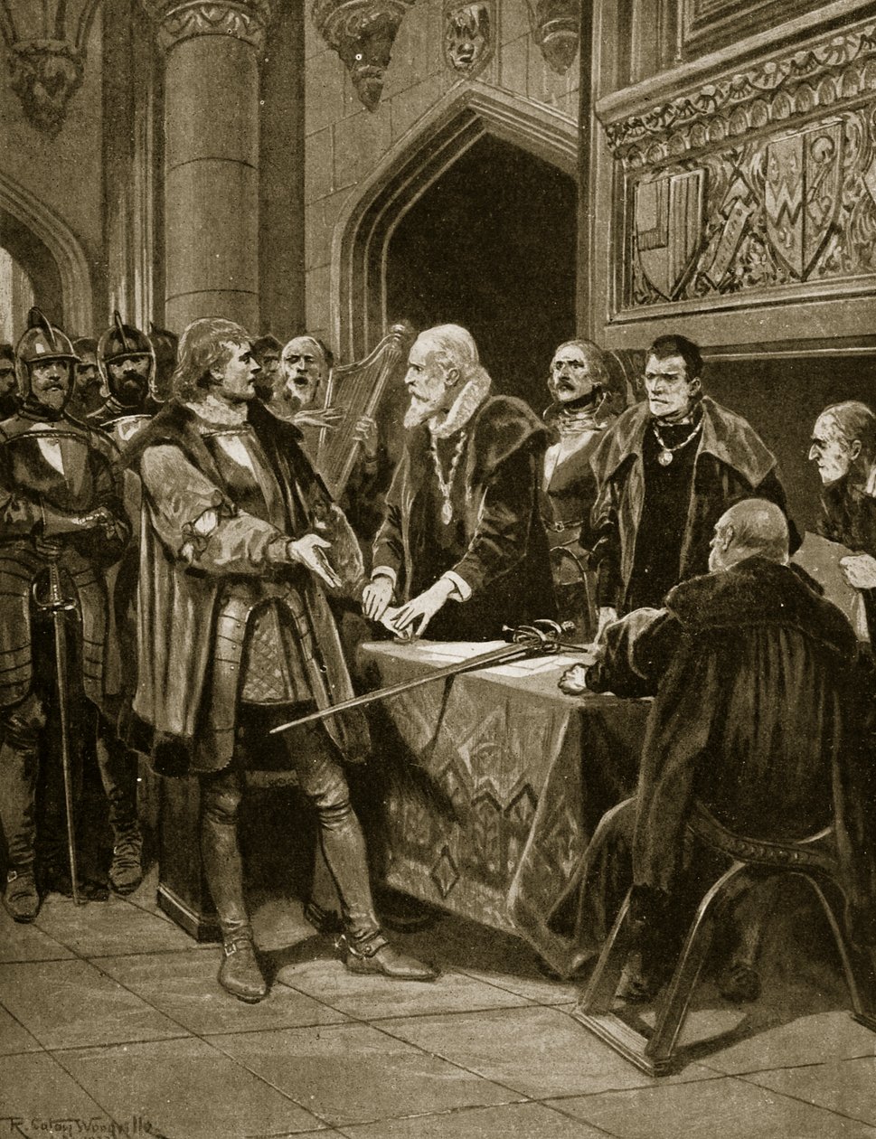 Lord Thomas Fitzgerald kılıcını yere atıyor, 'Hutchinson's Story of the British Nation'dan bir örnek, c.1923 by Richard Caton Woodville junior