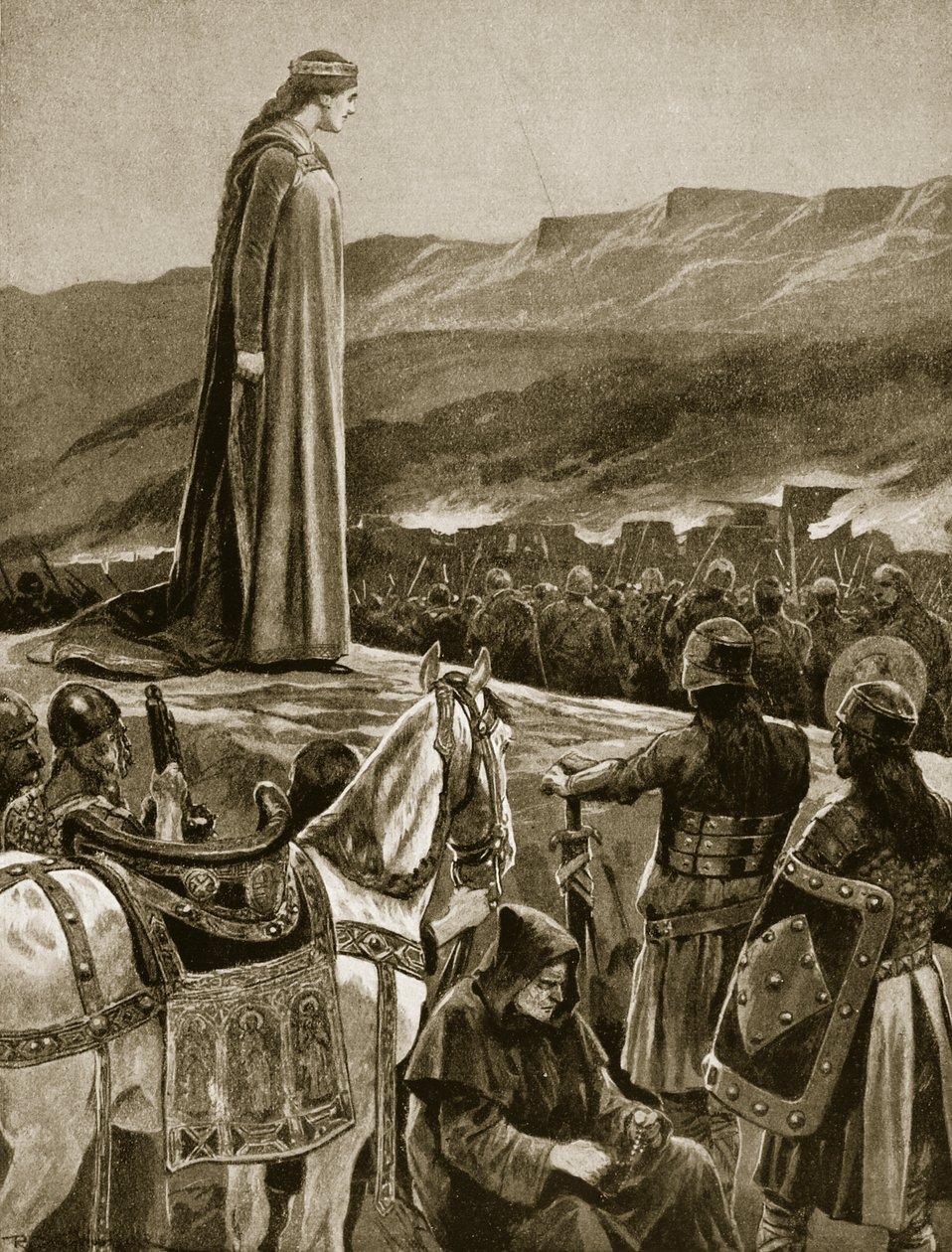 Kraliçe Ethellfed, Brecon'un baskınını izliyor, 'Hutchinson's Story of the British Nation'dan bir çizim, c.1920 by Richard Caton Woodville junior