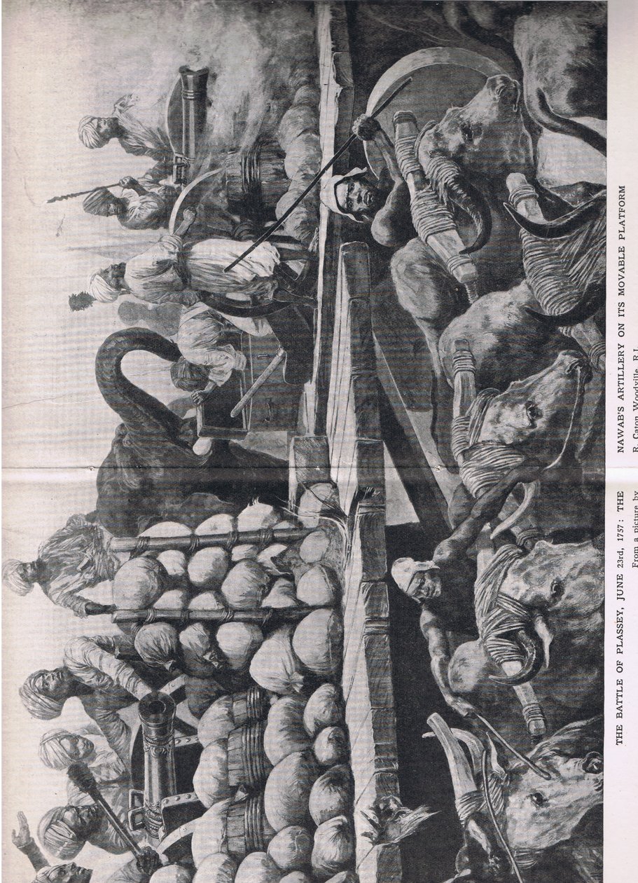 Plassey Muharebesi 23 Haziran 1757: Hareketli platformunda Nawabs topçusu, İngiliz Kara ve Deniz Savaşlarından bir çizim, 1915 by Richard Caton Woodville junior