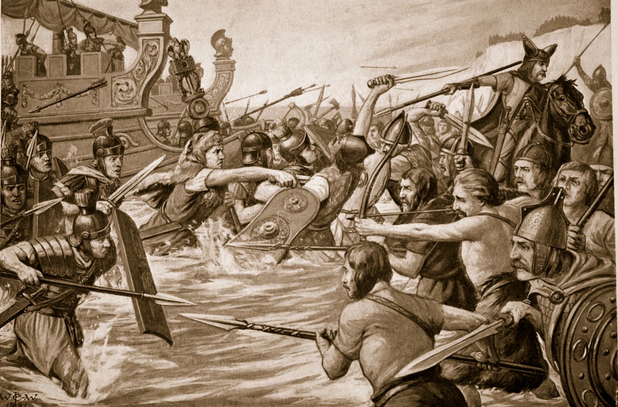 Julius Caesar'ın İnişi, 'Hutchison's Story of the British Nation'dan bir örnek, c.1920 by Richard Caton Woodville junior