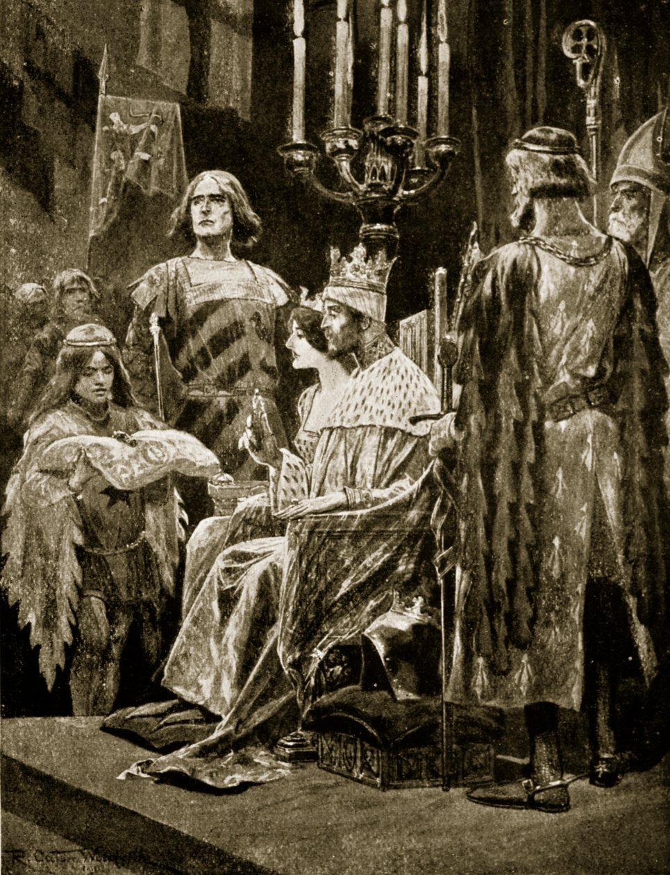Edward II'nin taç giyme töreni, 1308, 'Hutchinson's Story of the British Nation'dan bir örnek, c.1920 by Richard Caton Woodville junior