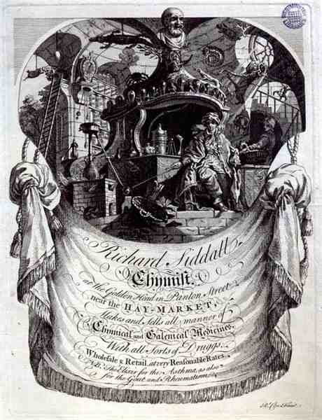 Richard Siddall, Kimyager, Golden Head, Panton Street, Londra için ticaret kartı (gravür) by Richard Clee