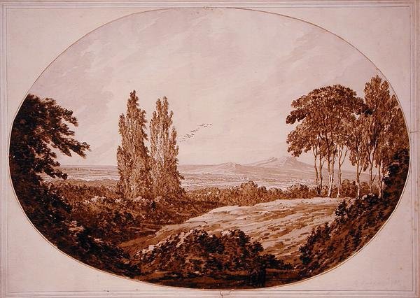 Manzara, Ağaçlar ve Rocky Hills (kağıt üzerinde kalem ve mürekkeple yıkama) by Richard Cooper