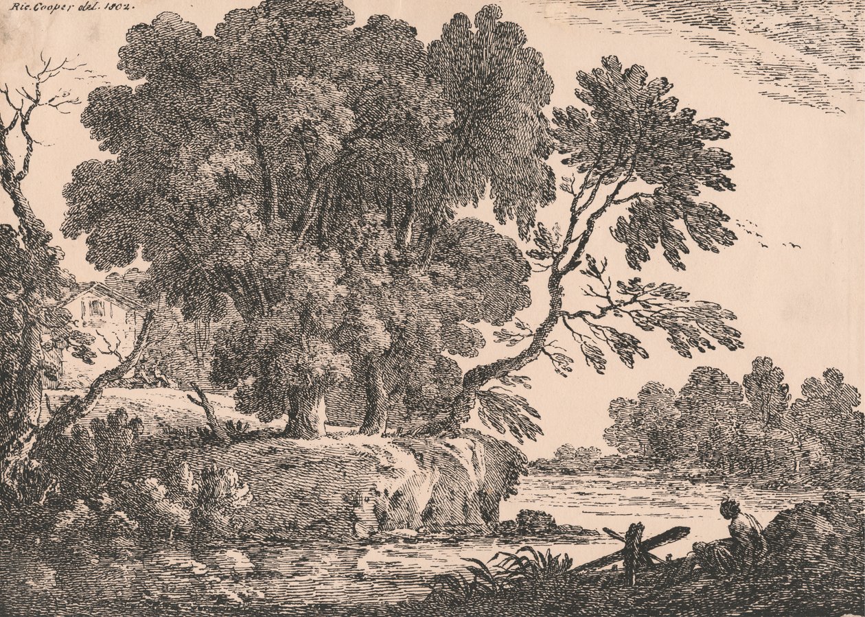 Suyla çevrili ağaç gruplarının olduğu manzara, solda kulübe, sağ ön planda oturan kadın by Richard Cooper the Elder