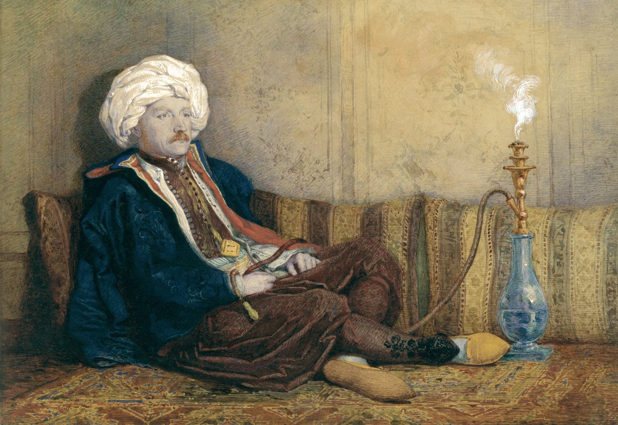 Sir Thomas Philips'in Doğu Kostümlü, Nargileyle Yatarken Portresi (kağıt üzerinde beyaz ile yükseltilmiş wc) by Richard Dadd