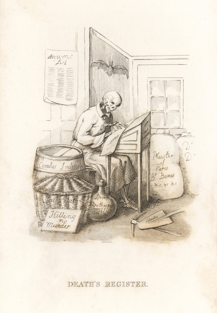 Ölümün iskeleti ve defteri. ,1827 (gravür) by Richard Dagley