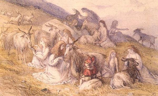Keçi sakalını tarayan kızlar (suluboya ve kalem ve kahverengi mürekkep) by Richard Doyle