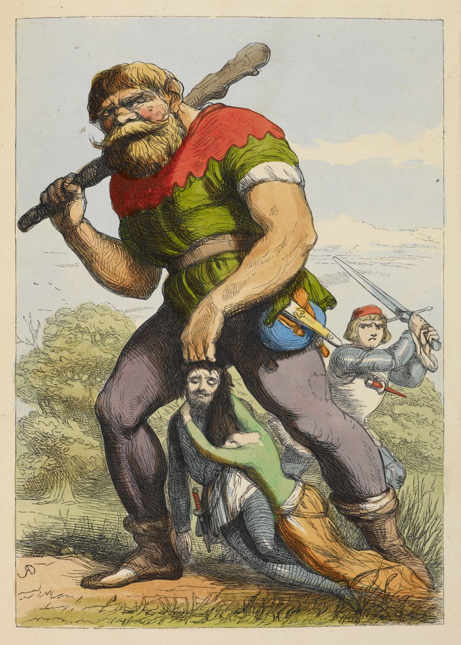 Jack bir deve arkadan yaklaşıyor. Dev yuvarlak masanın şövalyesini saçından sürüklüyor. Bir bayan şövalyeyi tutar. Bir çocuk kitabında renkli illüstrasyon. by Richard Doyle