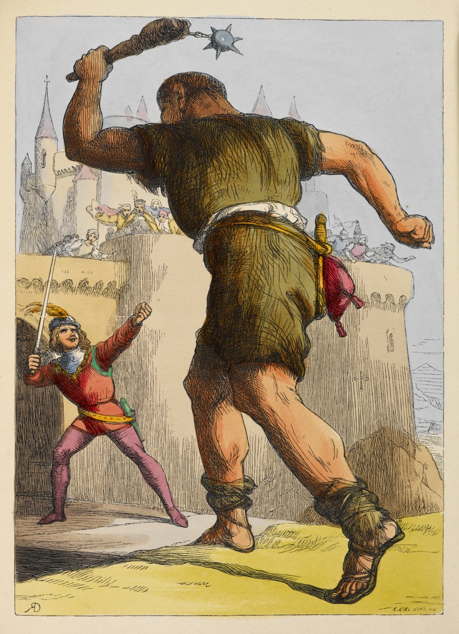 Jack, bir kalenin dışında bir devle savaşmaya hazır. Bir çocuk kitabında renkli illüstrasyon. by Richard Doyle