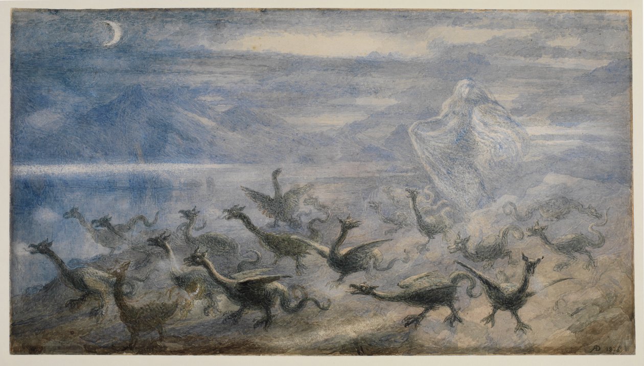 Mehtaplı manzara, bir cadı ve genç ejderhalar, 1876 by Richard Doyle