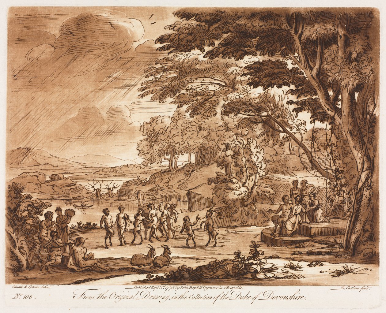 Liber Veritatis: No. 108, Satyrler ve Periler Dans Eden Manzara, 1775. by Richard Earlom