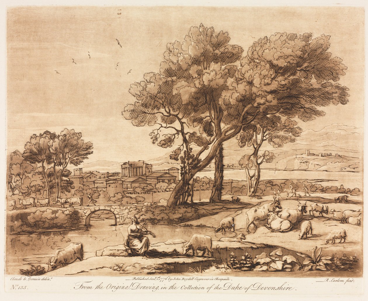 Liber Veritatis: No. 135, Binalarla Bir Manzara, Merkür Çalan Admetuss Sığırları..., 1776. by Richard Earlom