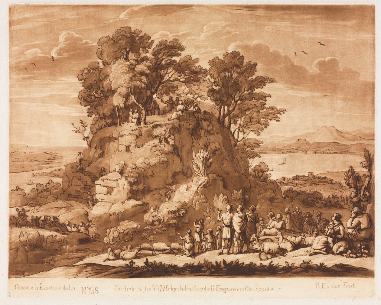 Liber Veritatis: No. 138, Bir Deniz Manzarası, İsa Dağda Vaaz Eder..., 1776. by Richard Earlom