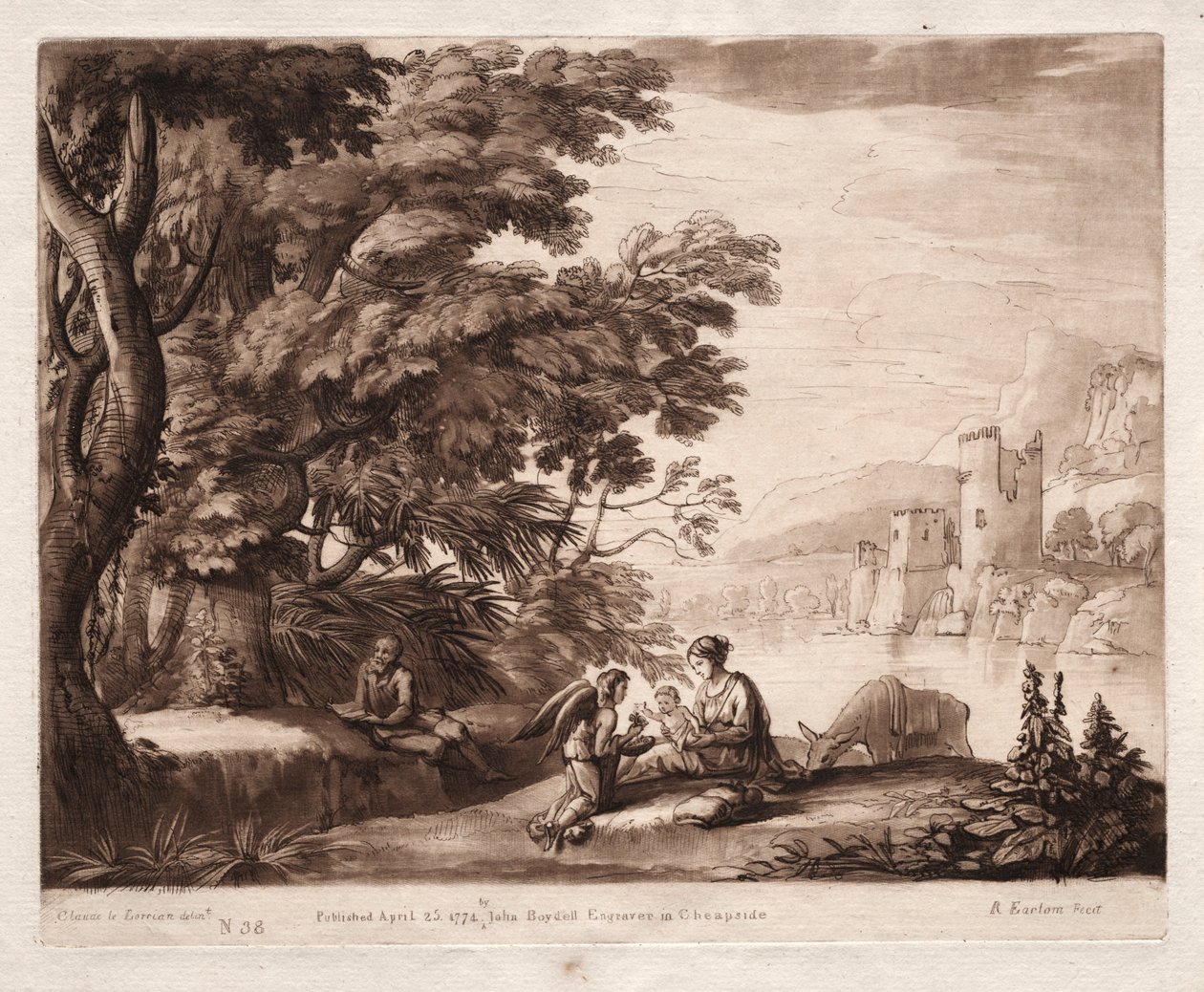 Liber Veritatis: No. 38, Kutsal Ailenin Nehir Boyunca Dinlenmesi, 1774. by Richard Earlom