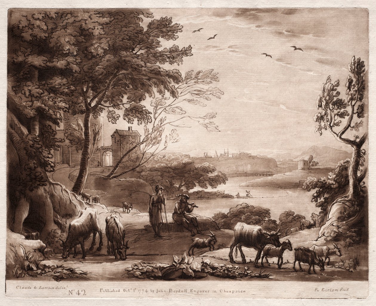 Liber Veritatis: No. 42, Bir Çoban ve Çoban ile Bir Nehir Manzarası..., 1774. by Richard Earlom
