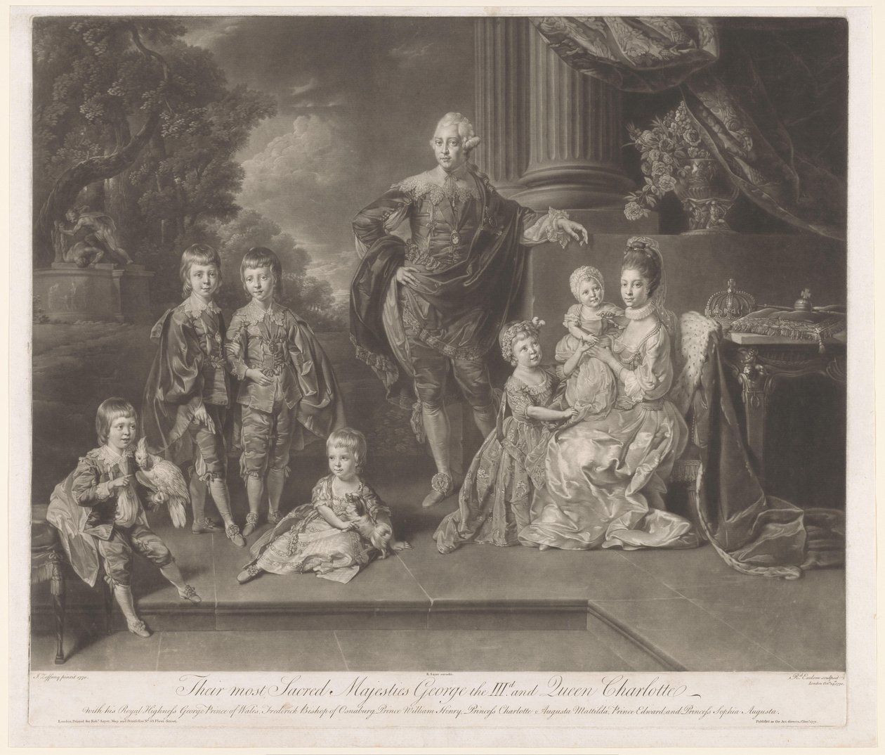 George III, Birleşik Krallık Kralı ve ailesinin portresi En kutsal Majesteleri III. George ve Kraliçe Charlotte (nesne üzerindeki başlık) by Richard Earlom