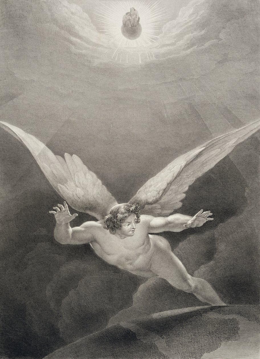 Şeytan, John Milton'ın (1608-74) Nyon tarafından oyulmuş, 1868'de yayınlanan 'Kayıp Cennet'in Fransızca baskısından Cennetin duvarlarının üzerinden atlıyor by Richard Edmond Flatters
