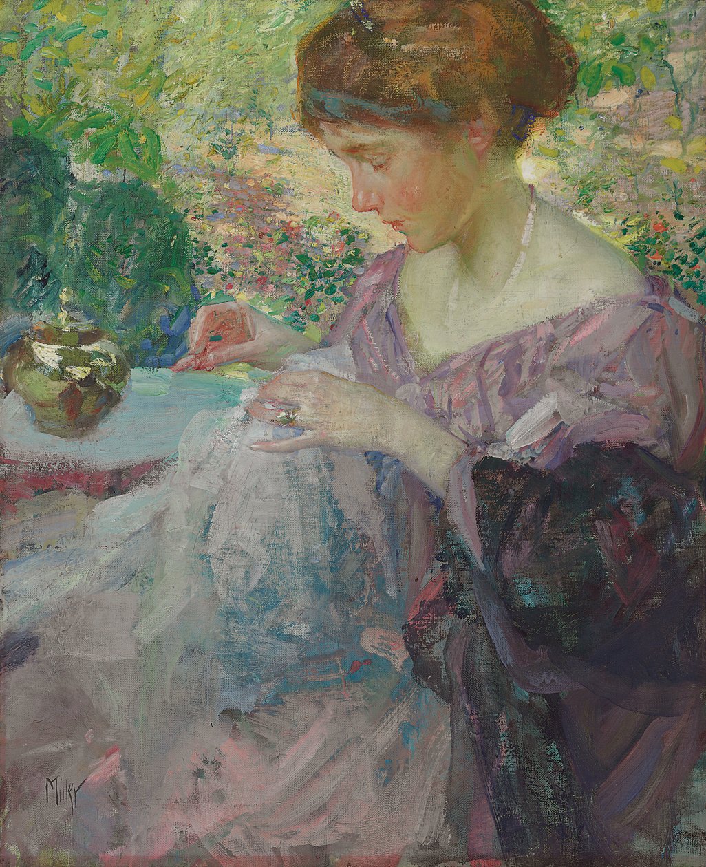 Genç Kadın Dikişi (tuval üzerine yağlı boya) by Richard Emil Miller