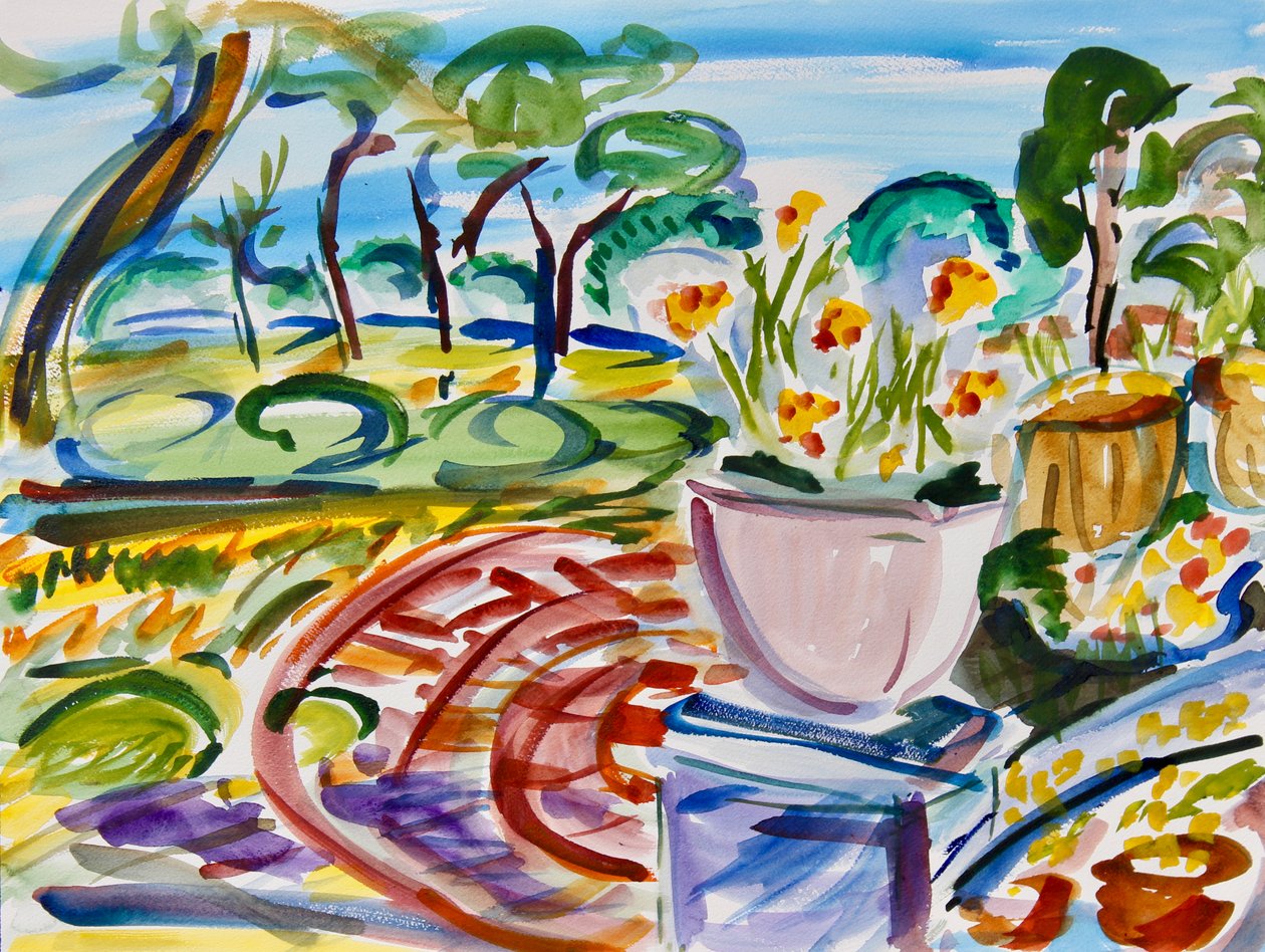 Verandada Çiçekler, 2022 (kağıt üzerine sulu boya) by Richard H. Fox