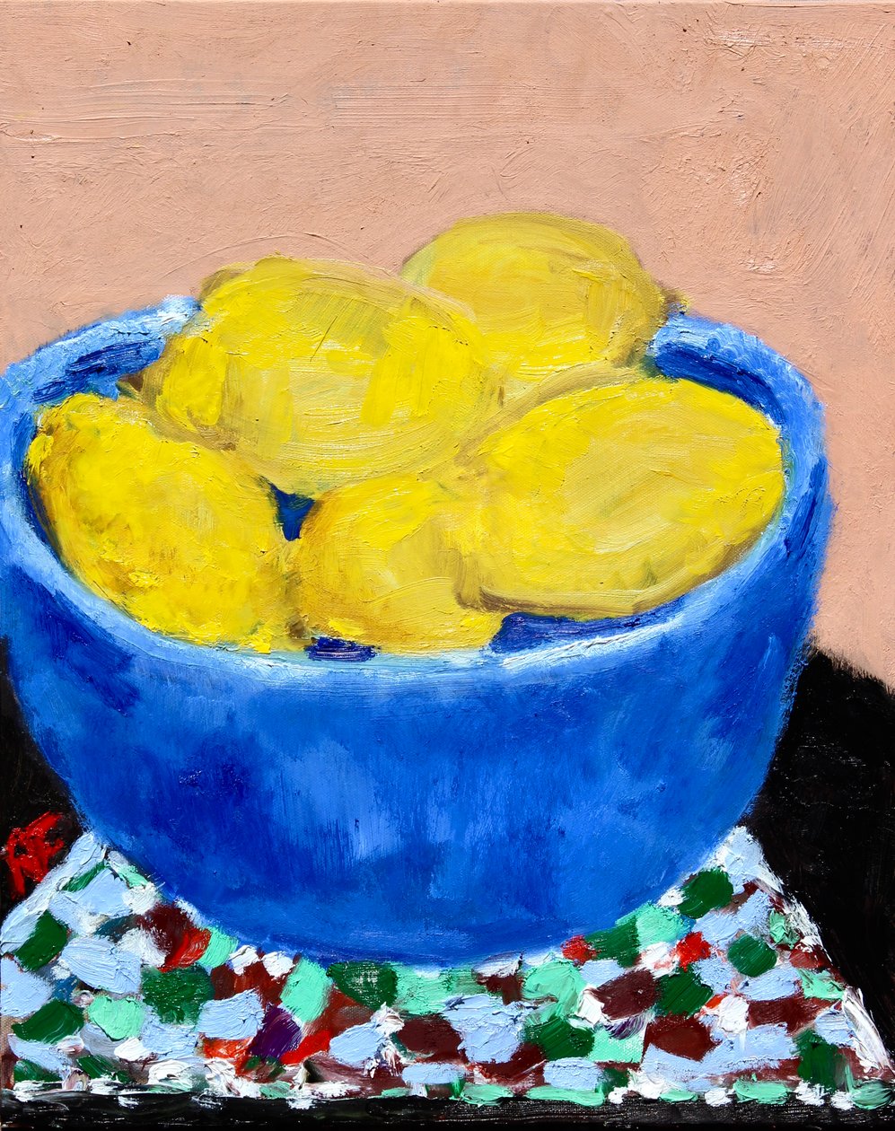 Mavi Kapta Limonlu Natürmort, 2021 (tuval üzerine yağlı boya) by Richard H. Fox