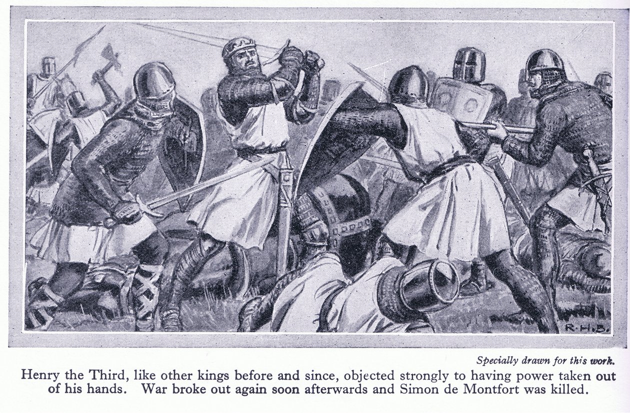 Henry III, gücünün elinden alınmasına şiddetle karşı çıktı. Savaş patlak verdi ve Simon de Monford öldürüldü, 1950 dolayları by Richard Henry Brock