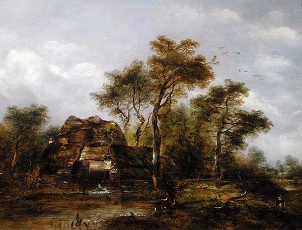 Man Fishing ile Overshot Mill (tuval üzerine yağlı boya) by Richard Hilder