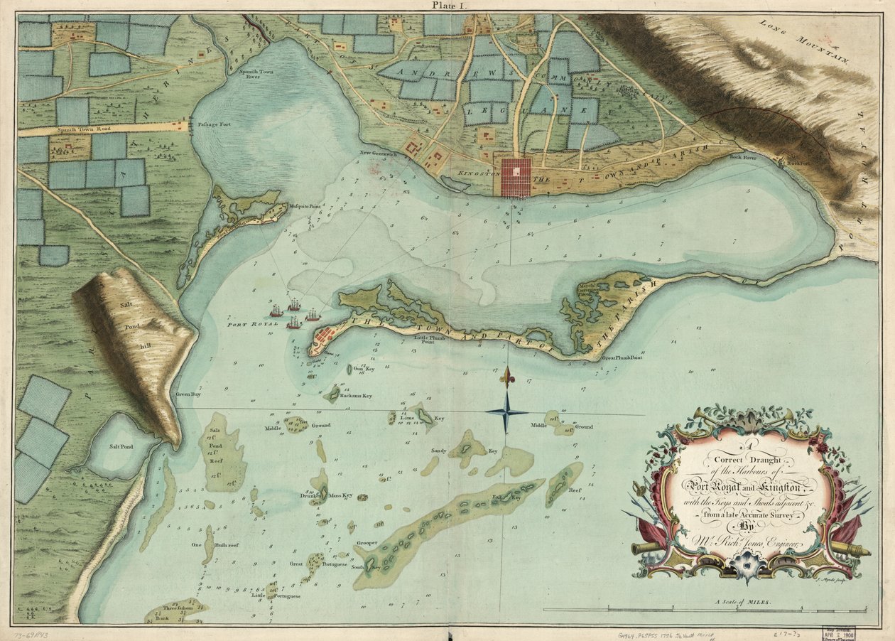 Port Royal ve Kingston limanlarının doğru bir taslağı, anahtarlar ve sürüler bitişik ve c. Bay Richd Jones, mühendis tarafından geç yapılan doğru bir anketten. by Richard; Mynde Jones