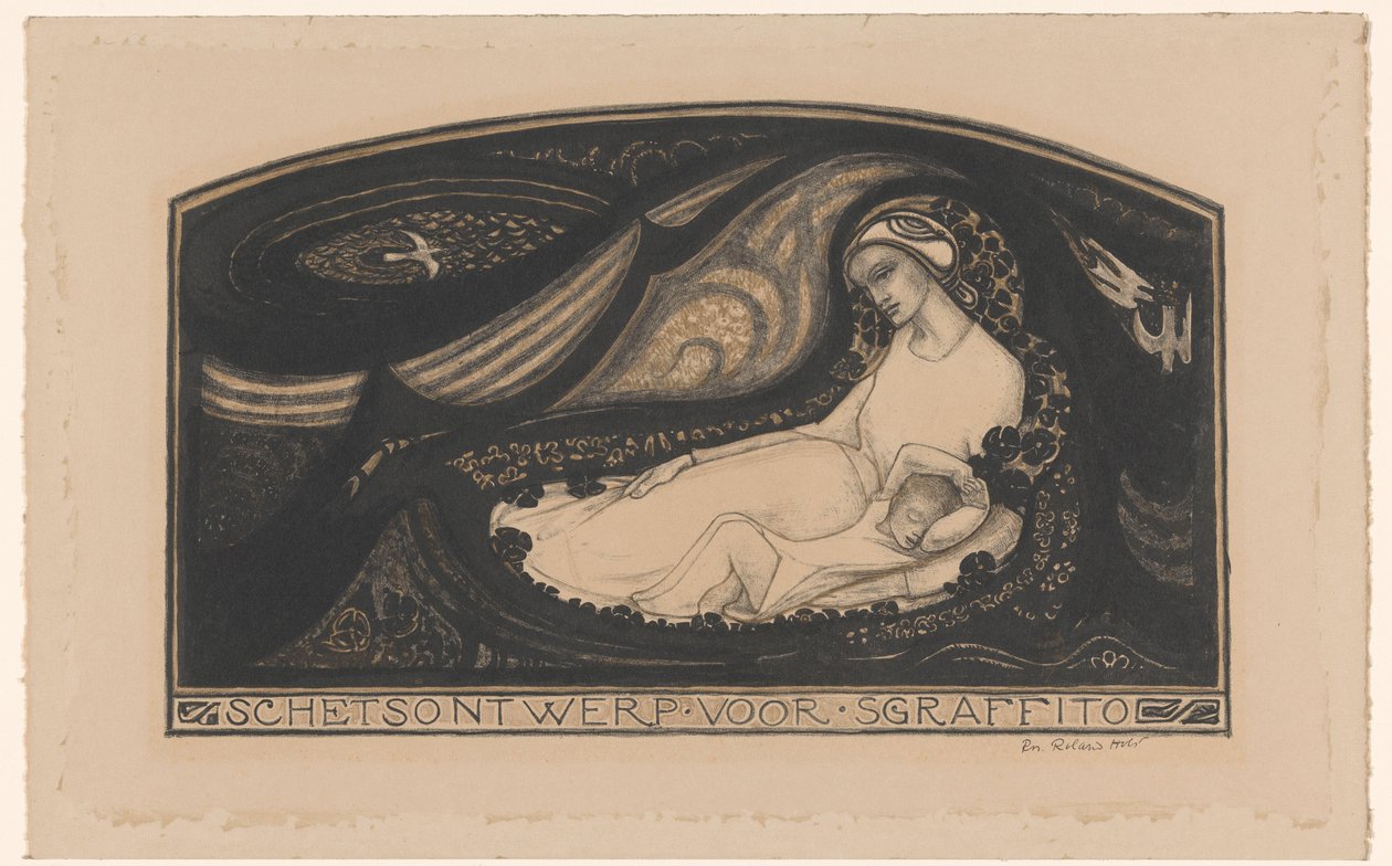 yalancı kadın ve çocuk Sgraffito için eskiz tasarımı (nesne üzerindeki başlık) by Richard Nicolaüs Roland Holst (signed by artist)