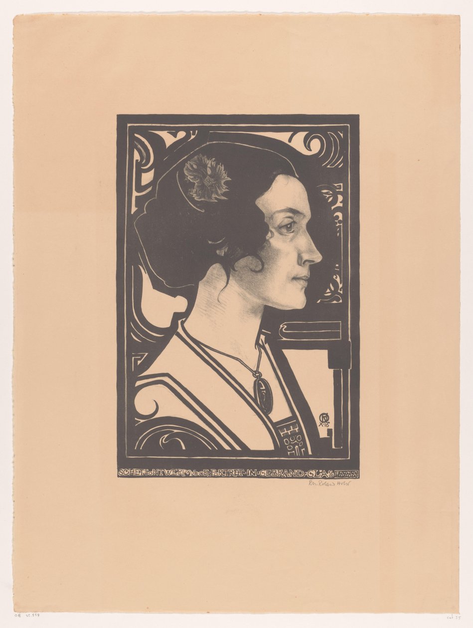 Bilinmeyen bir kadının portresi Vitrayda portre için eskiz tasarımı (nesne üzerindeki başlık) by Richard Nicolaüs Roland Holst (signed by artist)