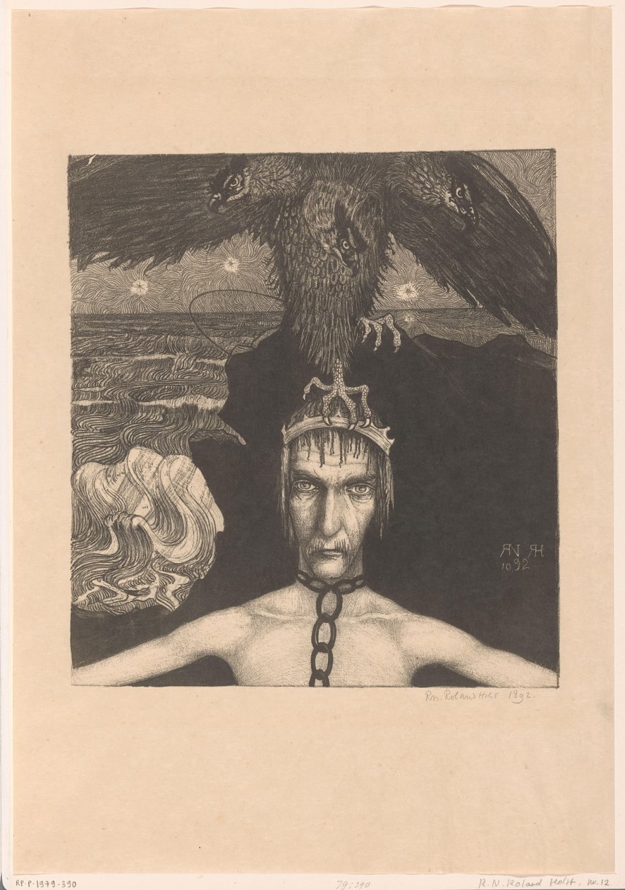Kafasında üç başlı yırtıcı kuş olan zincirli adam Anangke (Kader) (orijinal başlık) by Richard Nicolaüs Roland Holst