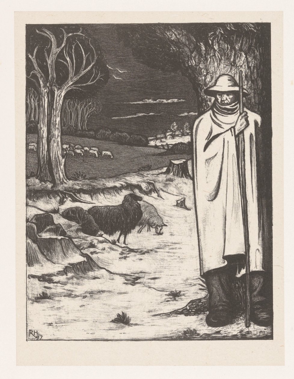 Tepelik bir manzarada koyun sürüsü olan çoban by Richard Nicolaüs Roland Holst