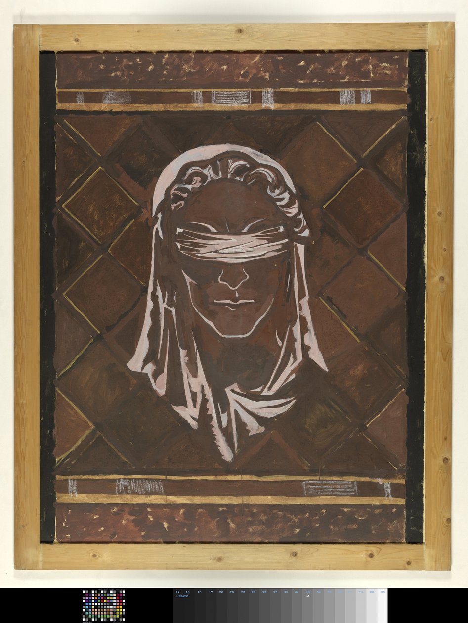 Gözü Bağlı Justitia'nın Başkanı; Lahey'deki Yargıtay'daki mermer dekorasyon figürü için tasarım by Richard Nicolaüs Roland Holst