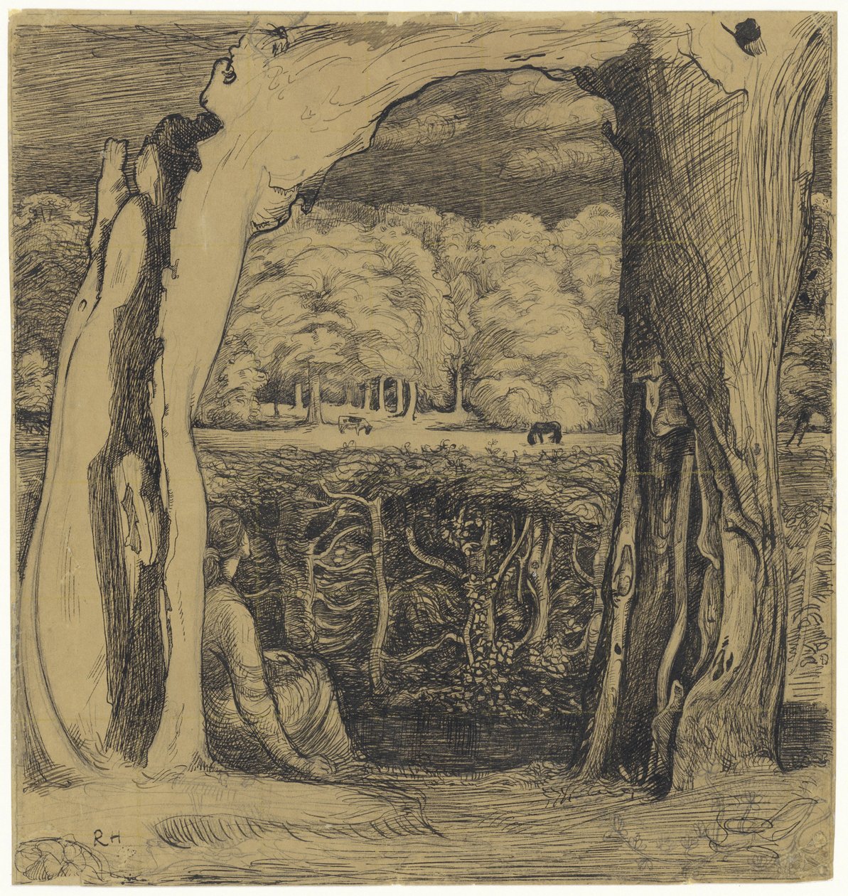 İki söğüt ağacının arasında oturan bir kadınla manzara by Richard Nicolaüs Roland Holst
