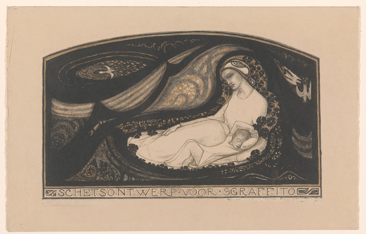 Sgraffito için uzanmış kadın ve çocuk Eskiz tasarımı (nesne üzerindeki başlık) by Richard Nicolaüs Roland Holst