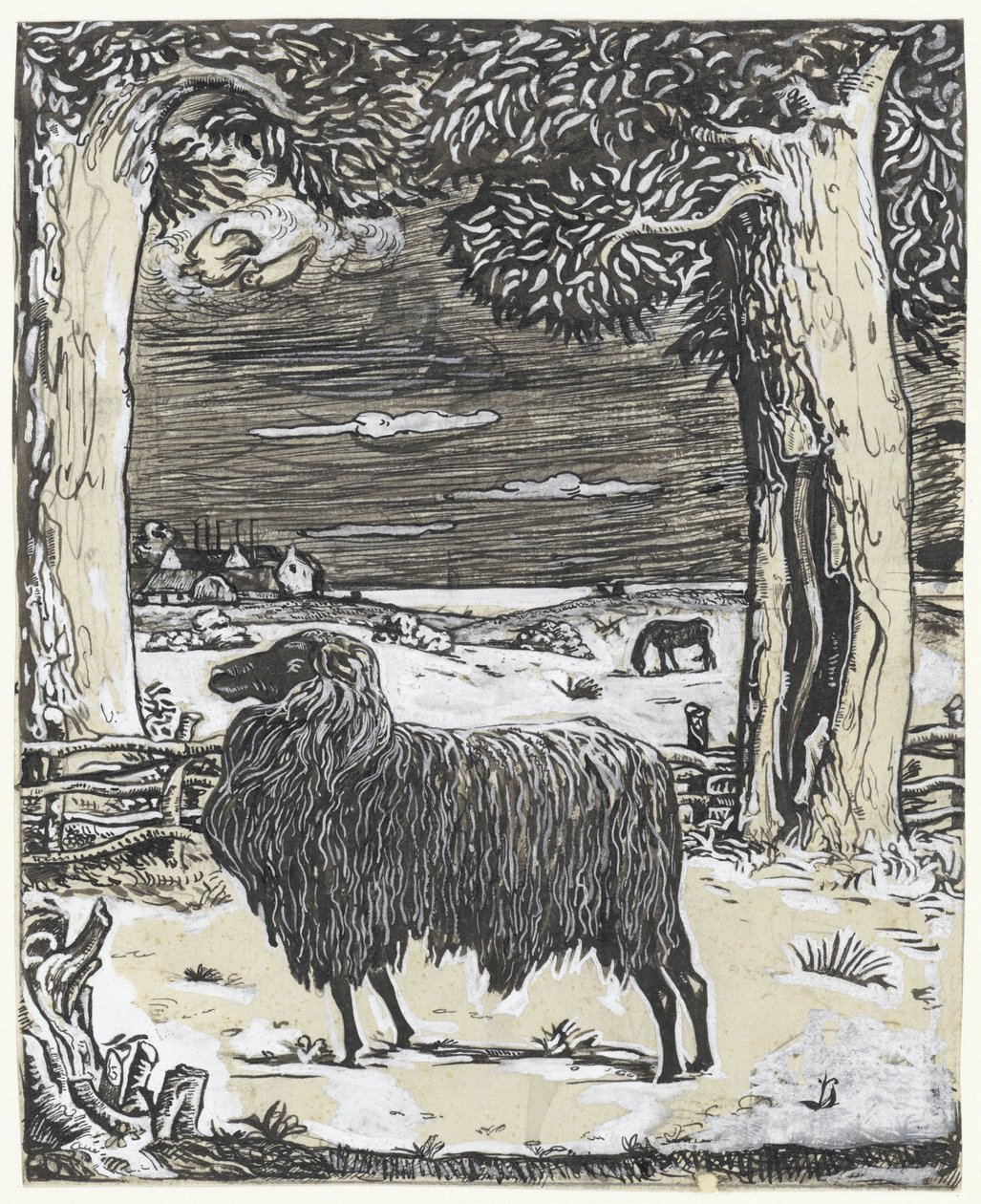 İki ağaçlı bir manzarada koyun by Richard Nicolaüs Roland Holst