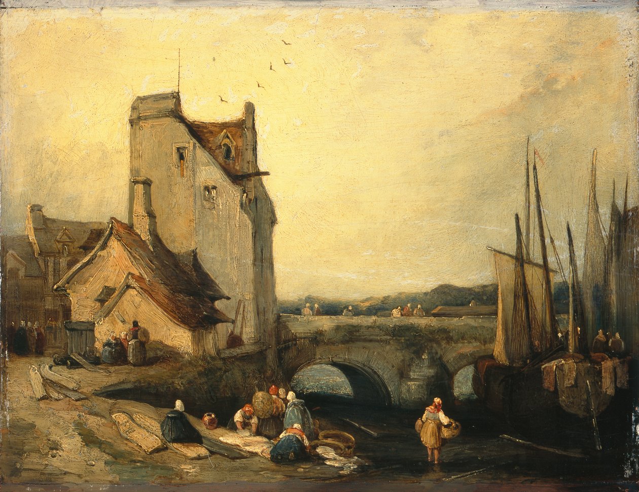 Brittany'de Görüntüle: Köprü, Kulübeler ve Çamaşırcı Kadın (panel üzerine yağ) by Richard Parkes (attr. to) Bonington