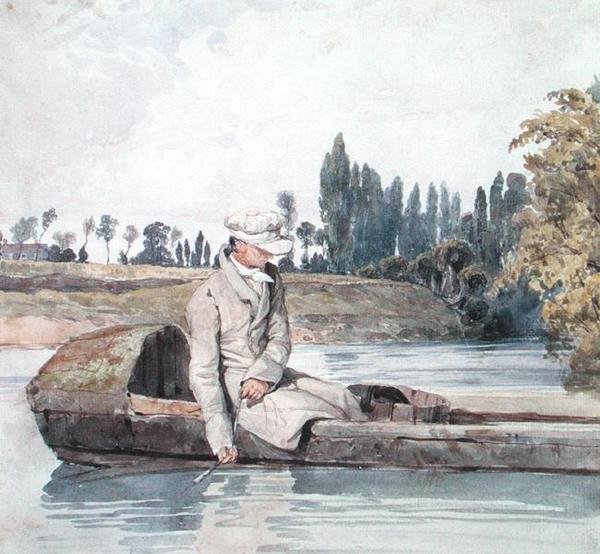 Nehirde Tekneden Balık Tutan Adam (kağıt üzerine suluboya) by Richard Parkes Bonington
