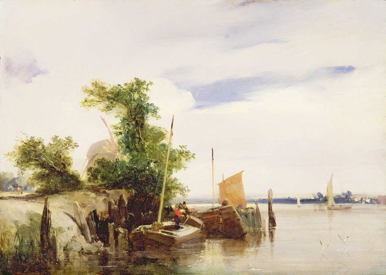 Nehirdeki Mavnalar, c.1825-26 (değirmen tahtasında yağ) (imzalı) by Richard Parkes Bonington
