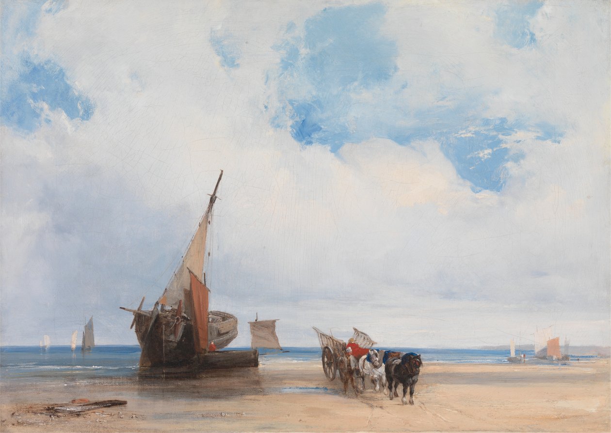 Trouville yakınlarında karaya oturmuş gemiler ve bir vagon by Richard Parkes Bonington