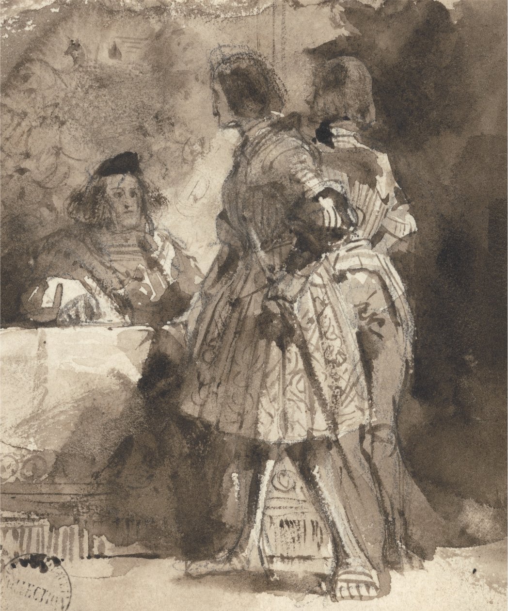 Goetz von Berlichingen, İmparatorluk Yargıcı huzurunda, c.1826 (kağıt üzerinde grafit üzerine kahverengi yıkama ve mürekkep) by Richard Parkes Bonington