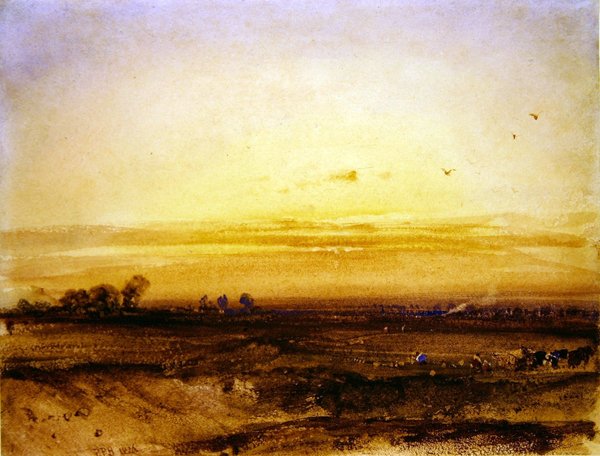Gün batımında biçerdöverlerle manzara by Richard Parkes Bonington